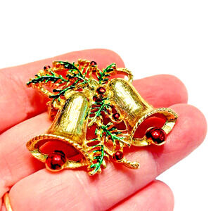 Vintage Christmas Bells Brooch Festive Holiday Pin Holly Berry Gold Red Green